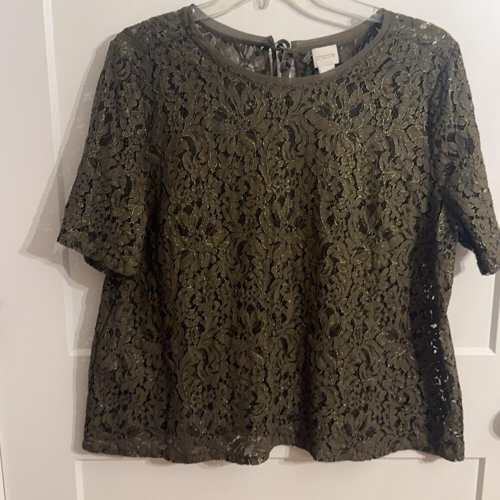 Chico's Blouse Sz 3 Green Floral Lace Sheer Short Sleeve Top Party Academic